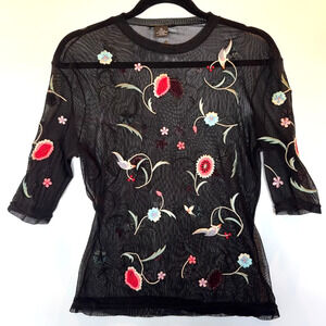 Vintage Vivienne Tam Embroidered Mesh Sheer Top Floral Black Y2K Size 3